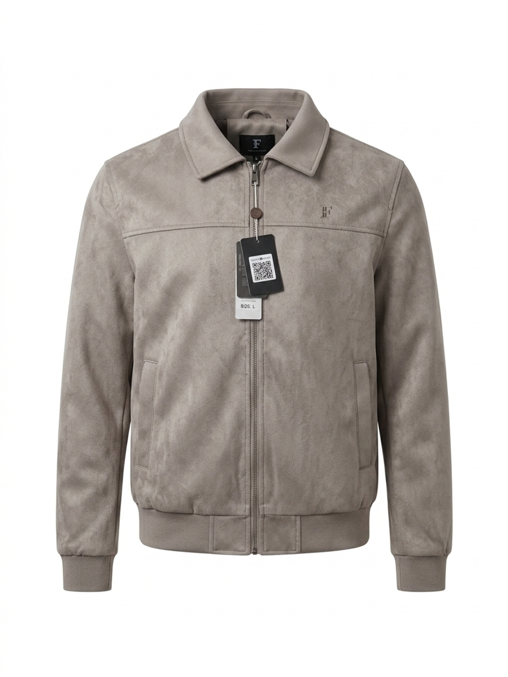 F Collections Men's Luxury Suede Bomber Full Zip Taupe Brown Jacket Size L